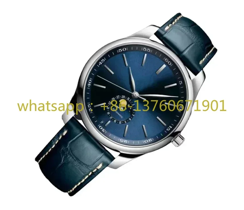 New Mens Watch Automatic Mechanical 904L Master MoonPhase Steel Leather Blue Diamonds Collection Wristwatch 40mm