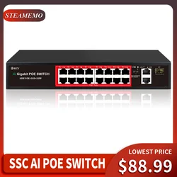 STEAMEMO SFP 100M POE 스위치, 16 포트 AI 워치독 내장 전원 240W 이더넷 스위치 네트워크, IP 카메라 및 무선 AP용