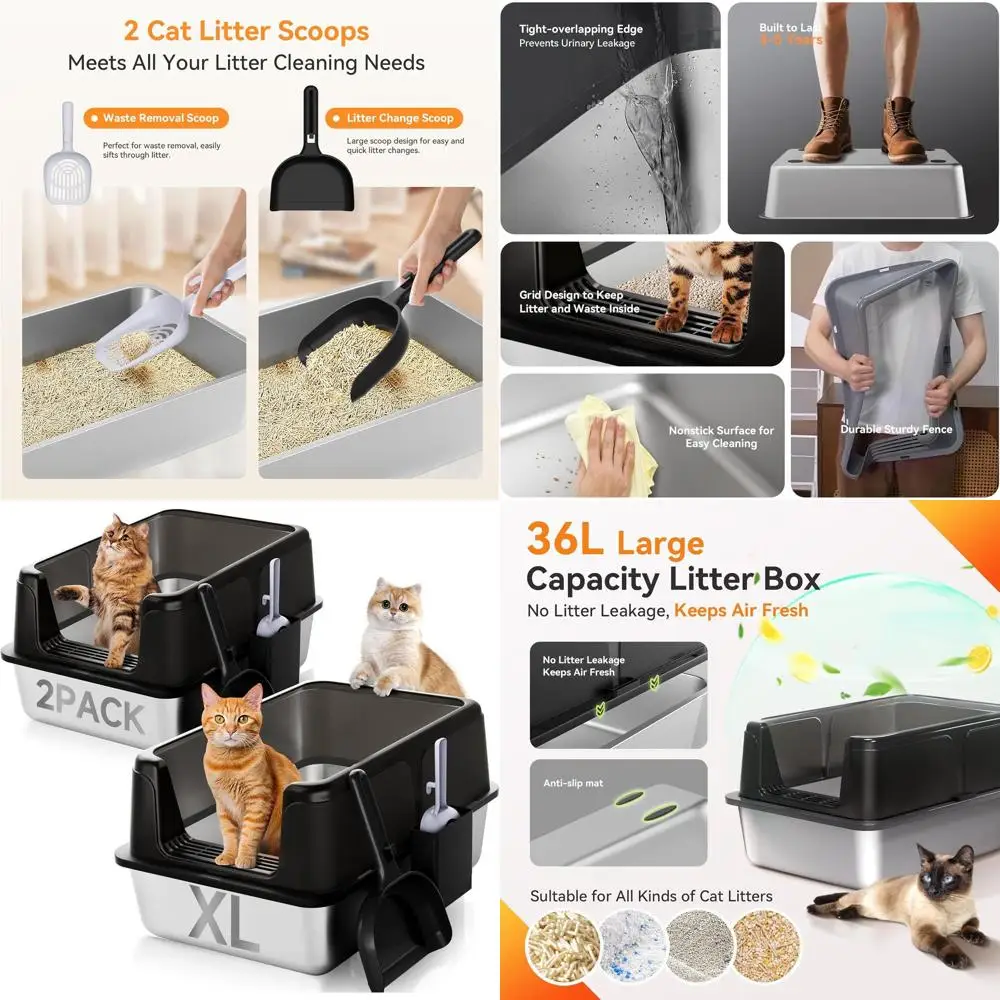 

Очень большой закрытый лоток для кошек из нержавеющей стали с высокими бортиками для контроля запаха и легкой очистки