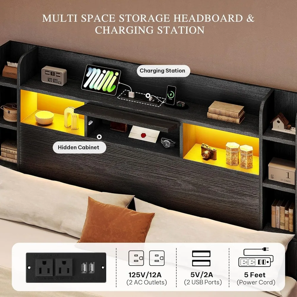 King Bed Frame with Bookcase Headboard and 4 Storage Drawers, RGB LED Bed Frame with Type-C & USB Charging Station Storage