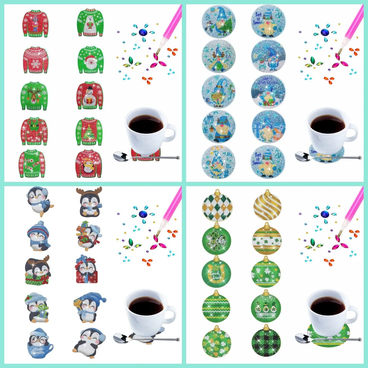 10-Piece Diamond Painting set coaster Christmas series Wooden material family dinner desktop Decoration, Christmas gift