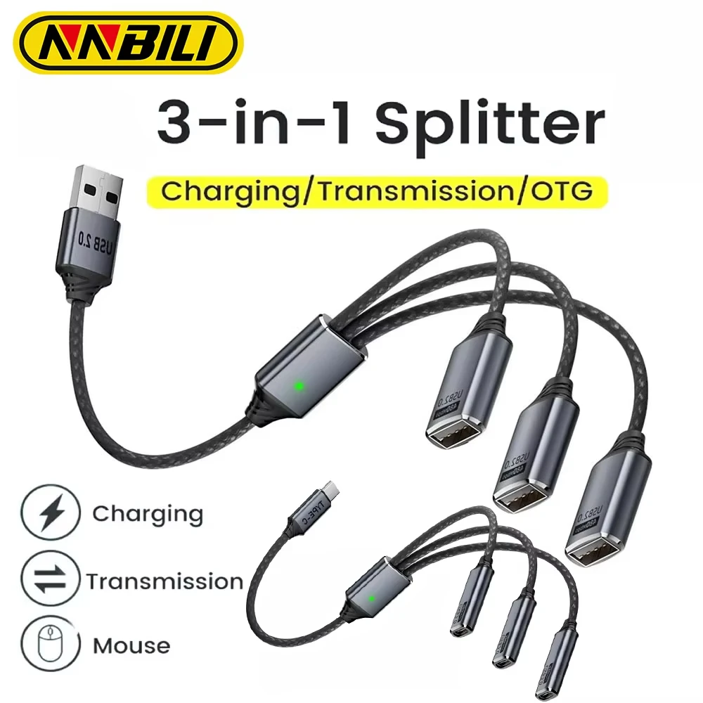 NNBILI 3 in 1 USB A/Type C Splitter HUB Expansion Cable Multi Port Expander Phone Charger Adapter OTG Charging For Phone