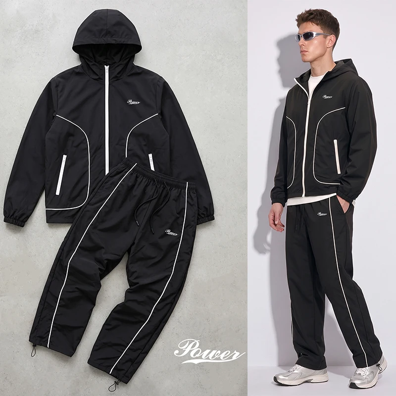 Men's Letter Print Trendy Y2K Sweatsuit 2-Piece Set Hooded Zip Up Windbreaker Jacket Coat Outwear Athletic Jogger Pants Trousers