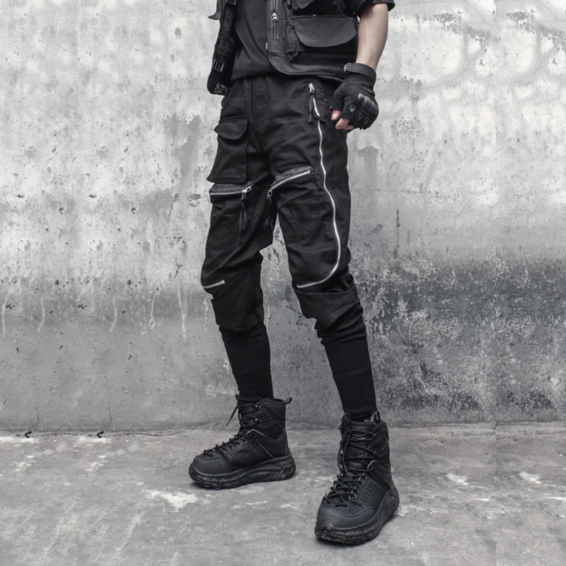 Mens Zipper Multi-pocket Cargo Trousers Functional Style Streetwear Pencil Loose Techwear Harem Pants Male