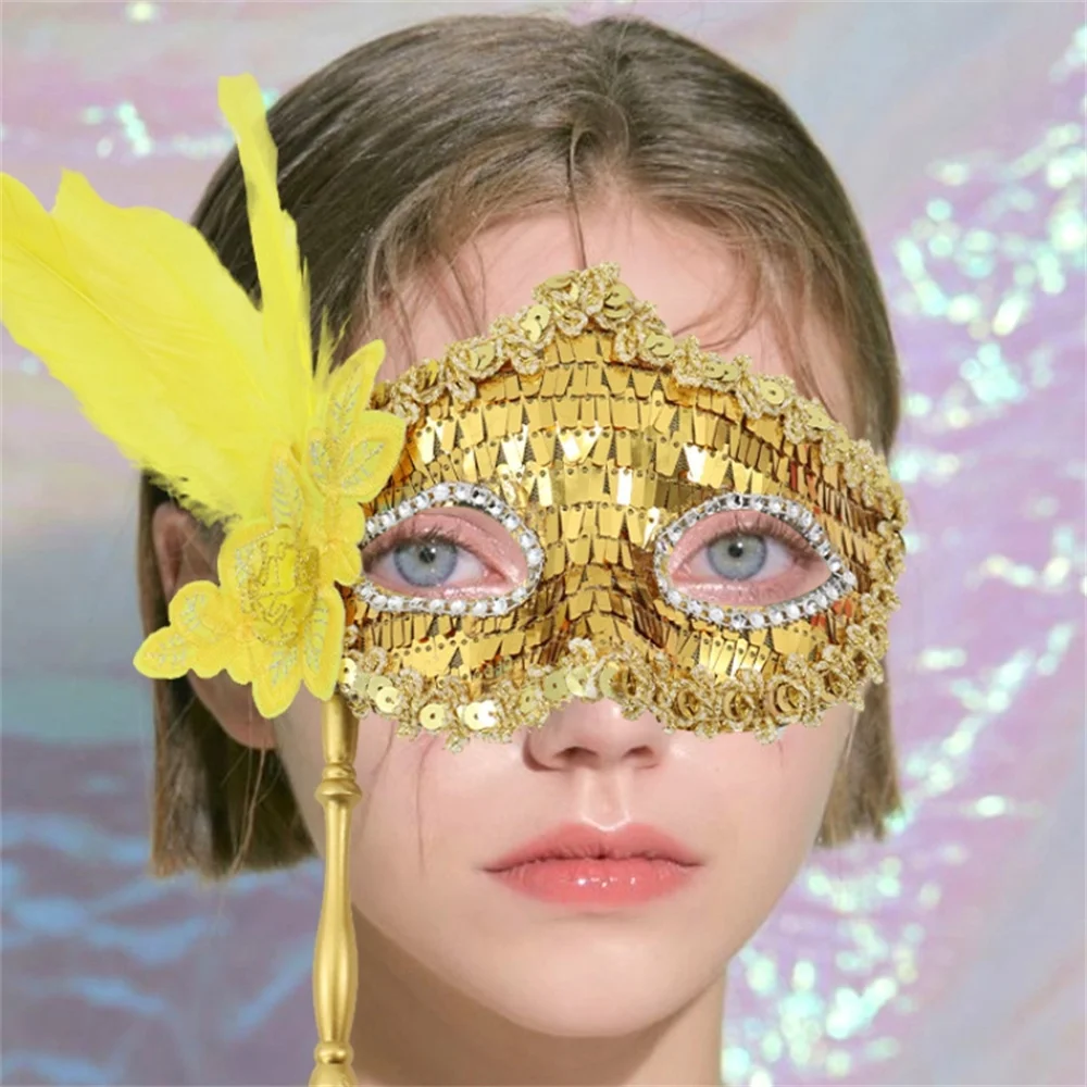 Princess Mystique Handheld Removable Side Flower Sequin Half Face Mask Venice Queen Eyepatch Party Mask with Holding Stick