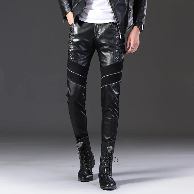 HOO 2024 Men's Slim-Fit Leather Pants Teen Trend Semi-Leather Pants Fashion Stitching Skinny Leather Pants