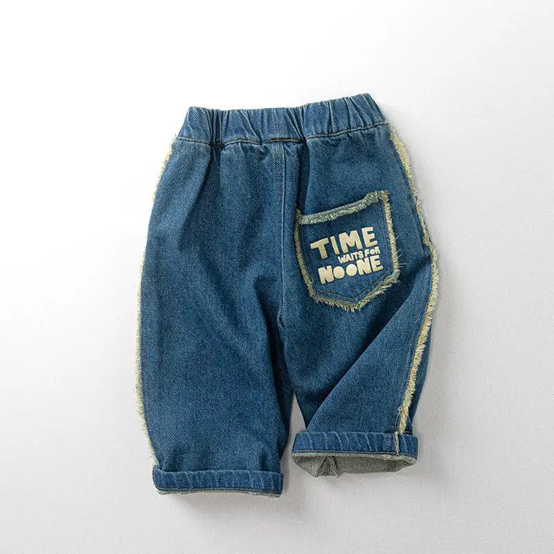 

2025 Winter New Children Letter Print Jeans Boys Girls Casual Pants Kids Thick Denim Trousers Baby Warm Clothes