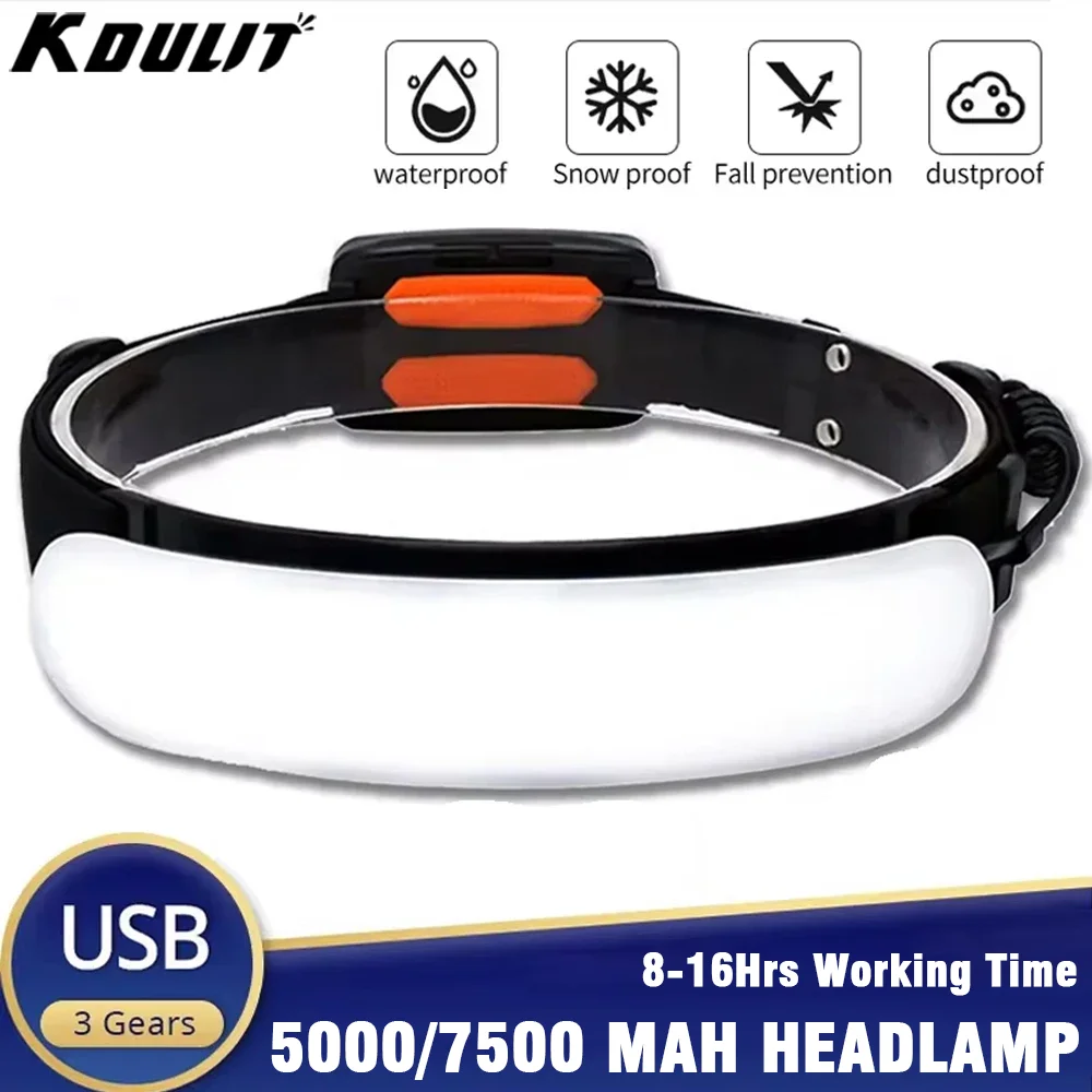 

KDULIT 5000/7500 мАч COB светодиодный налобный фонарь USB перезаряжаемая лампа рабочий свет уличный мощный фонарь для исследования кемпинга, рыбалки
