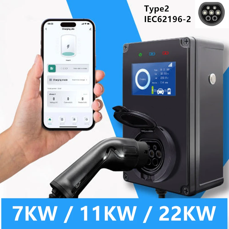 Type2 EV Chargers 32A 22KW Charging Station IEC62196 7KW 11KW 3Phase EVSE Wallbox with Screen Smart APP Control