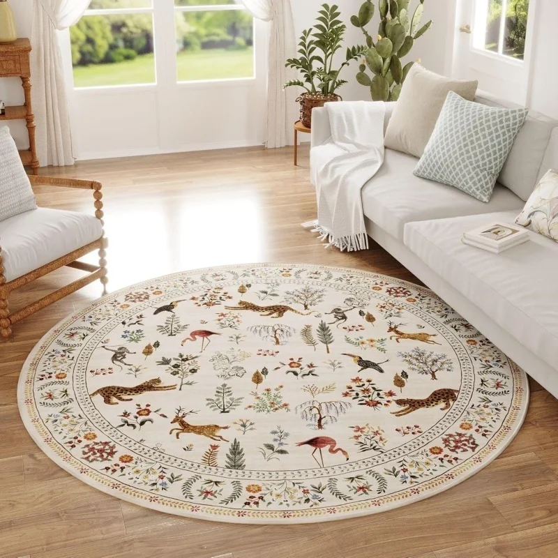 Retro Jungle Wildlife Round Rug Leopard Deer Flamingo Floral Border Non Slip Soft Floor Carpet Living Room Indoor Rug