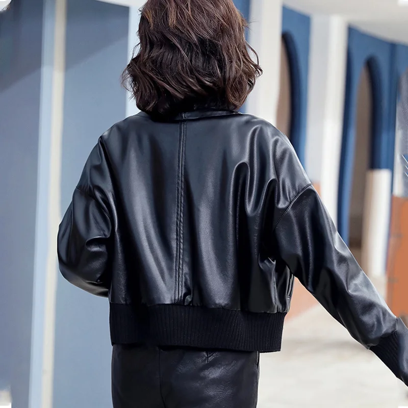 Chaqueta de cuero genuino para mujer, chaqueta de piel de oveja corta con diseño de cordón, ropa de abrigo informal con manga de murciélago de retales de punto para primavera