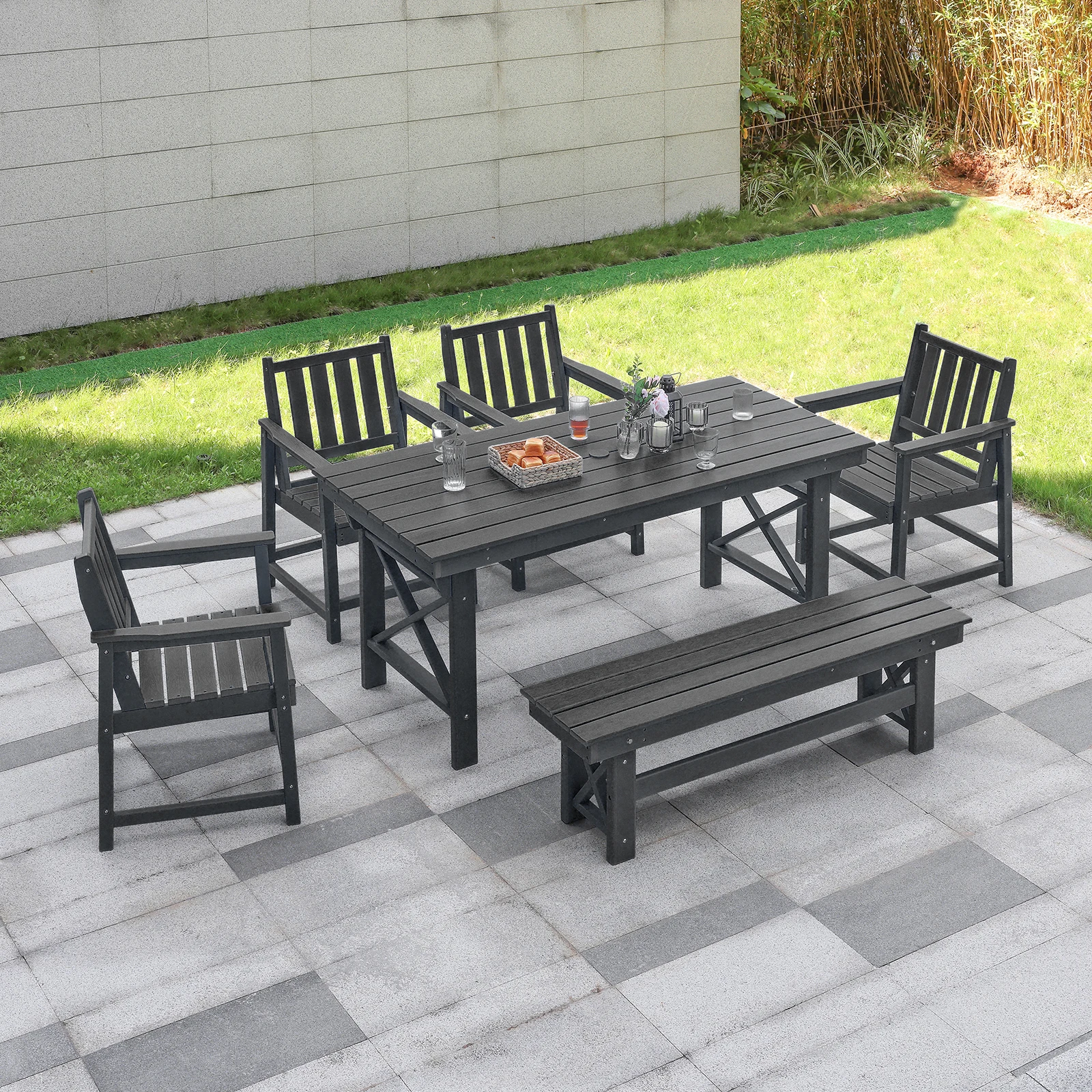 

Free US Fast Shipping Black Recycled HDPE Patio Furniture Lightweight Zero Maintenance Outdoor Table Chairs Dining Hospital