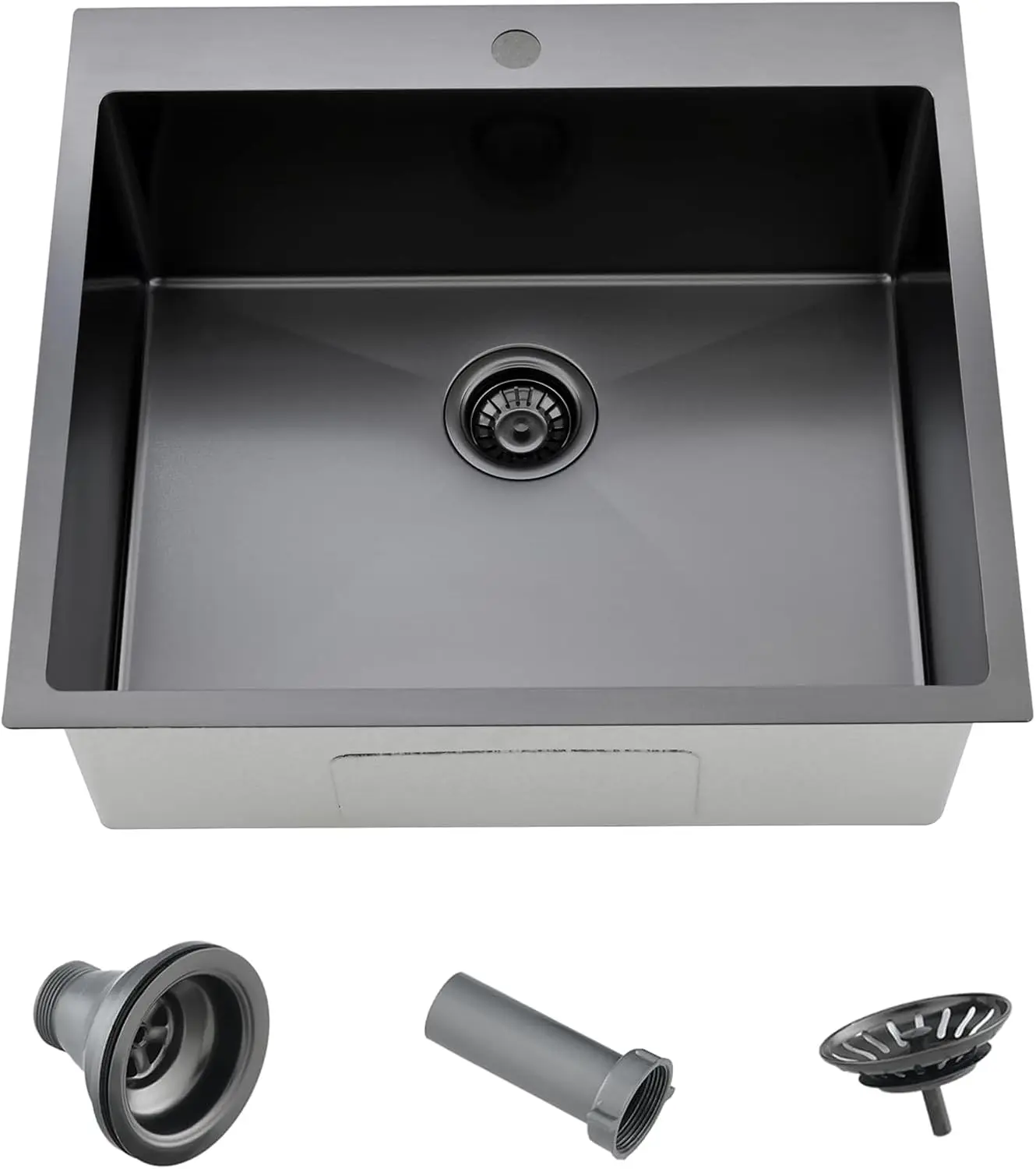 Pia de cozinha preta embutida de 25 x 22 polegadas, aço inoxidável de calibre 16, 9 polegadas de profundidade com filtro de cesta