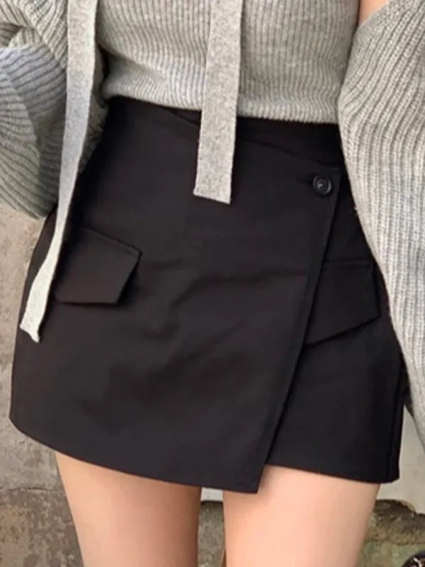 

High Waist One Button Workwear Skirt Women's Summer ort Skirt Asymmetric Design Anti-Light Skirt Pants