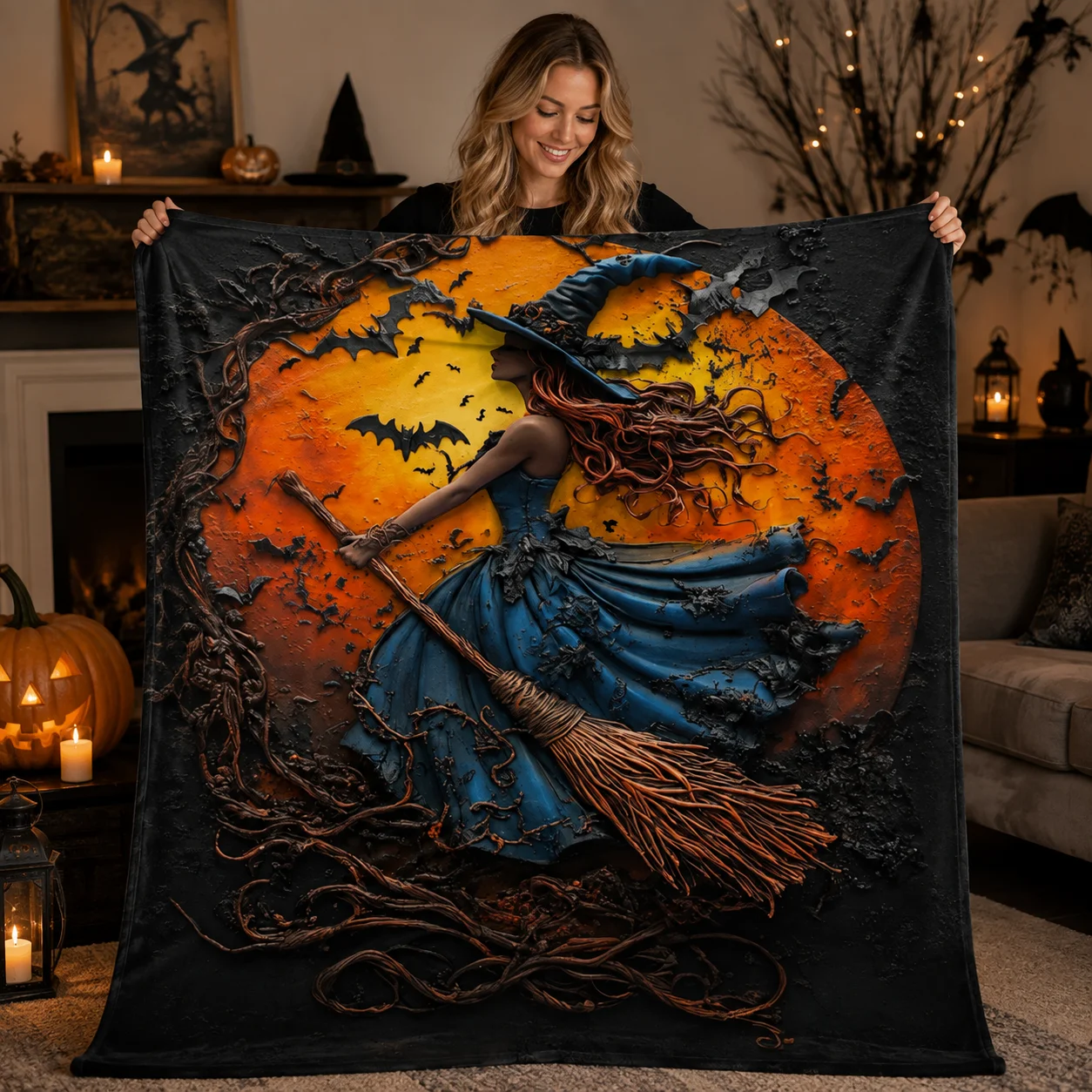 Halloween Blanket Cozy Flying Witch Design, Dark Academia Style Plush Throw, Spooky Season Gothic Decor, Witchy Gift