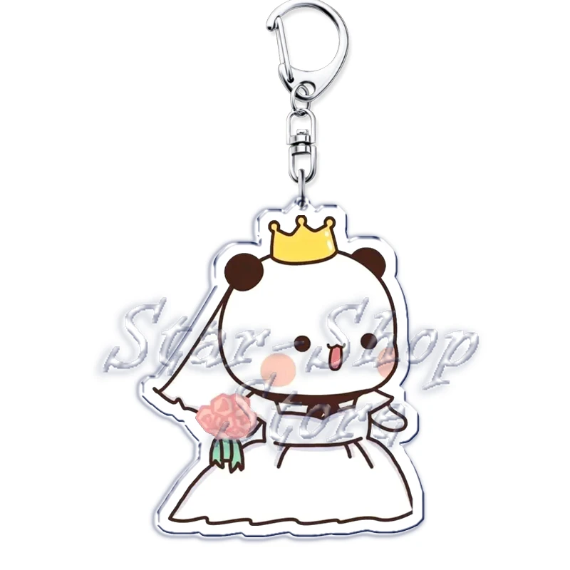 Bubu Dudu Rose Love Keychains Couple Bear Panda Acrylic Keyrings for Accessories Bag Pendant Key Chain Jewelry Fans Lovers Gifts