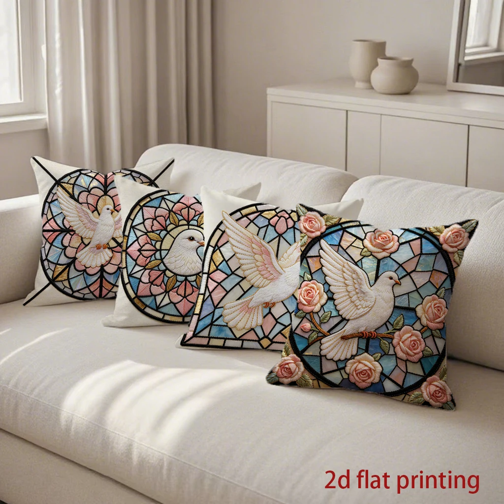 Stained Glass Dove Rose Pillow Cover Pattern Cushion Cover Suitable for Sofa Bedroom Car Pillow Cover