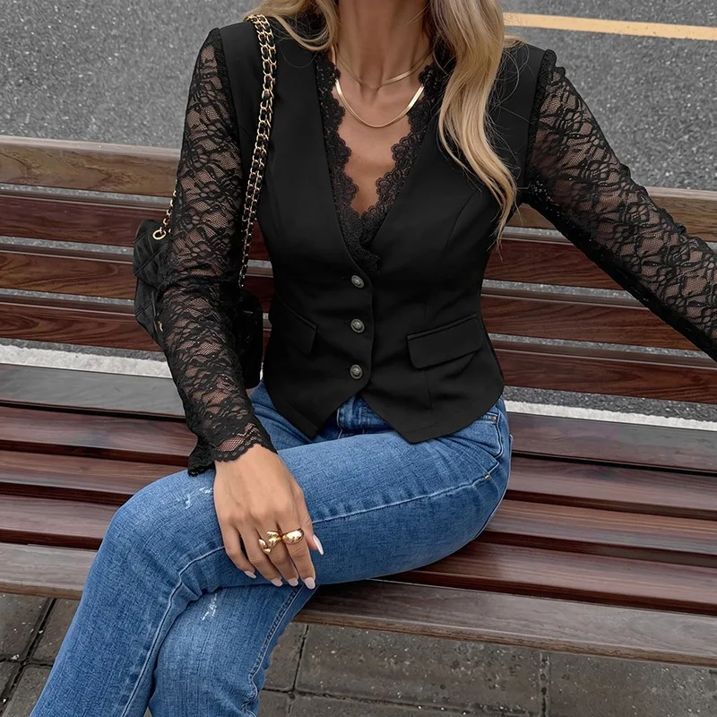 Lace Patchwork Women's Blazer Jacket Women Elegant Sexy Deep V Neck See Through Long Sleeve Single Bresasted Club Blazers Coats
