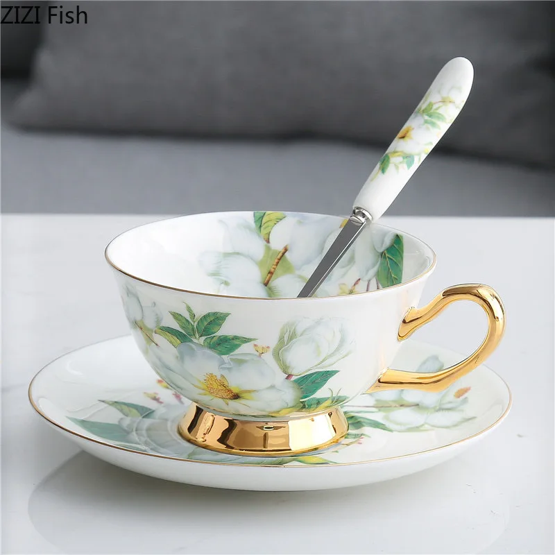 Gold-plated Ceramic Cup&saucer Green Flowers Pattern Coffee Mug Dining Table Milk Mugs Afternoon Tea Teacup Fruits Juice Cup