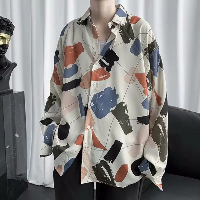

Autumn Summer Men's Floral Casual Long Sve irt Thin Versatile Outerwear Korean Sle Hong Kong Sle Japanese Retro