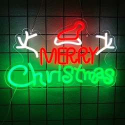 Merry Christmas Neon Signs for Wall Decor, Red Hat LED Sign Neon Lights Sign USB Powered for Indoor Party Bedroom Bar Pub Club