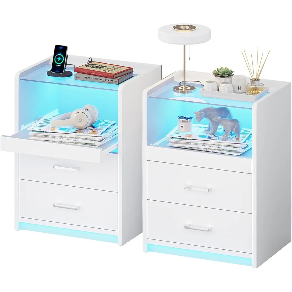 

White Nightstand with Charging Station and LED Lights, 2 Drawers LED Night Stand with Tempered Glass Tabletop