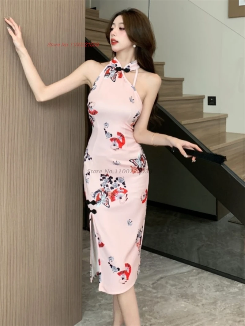 2024 chinese sexy dress improved cheongsam qipao flower print sleeveless dress qipao nightclub banquet evening dress vestido