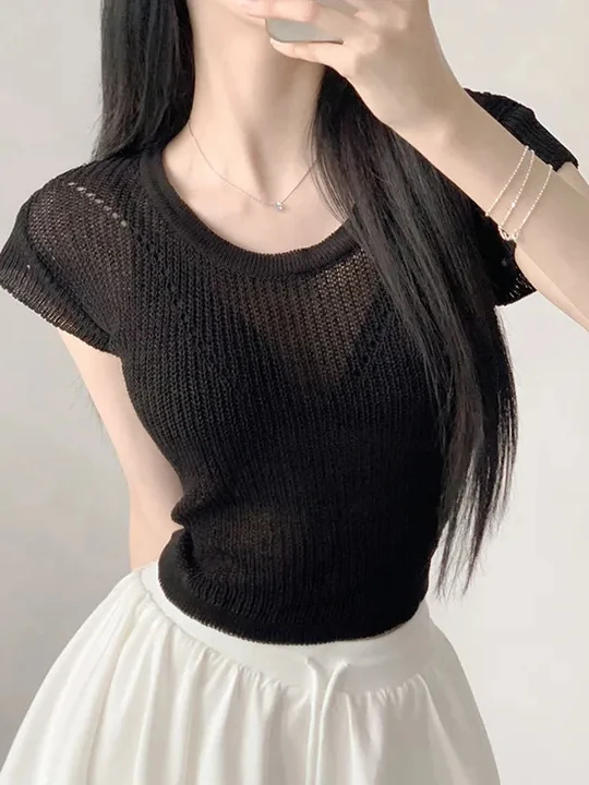 

Korean Design Ba Strap round Ne Thin Knitted T-irt Women Summer New Waist Cinching Slimming Pure Desire Top