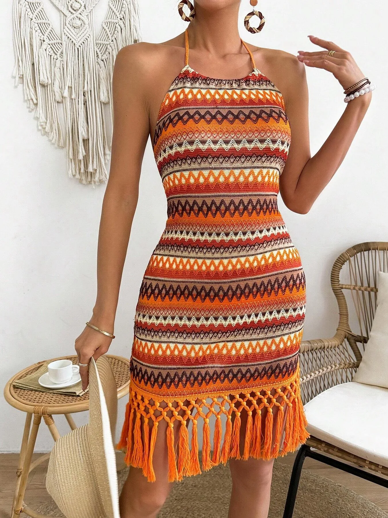 ZAFUL Women's Dresses Halter Colorful fringe dress Striped Straight Patchwork minority Indie Folk Sweet Prairie Casual traf Slim