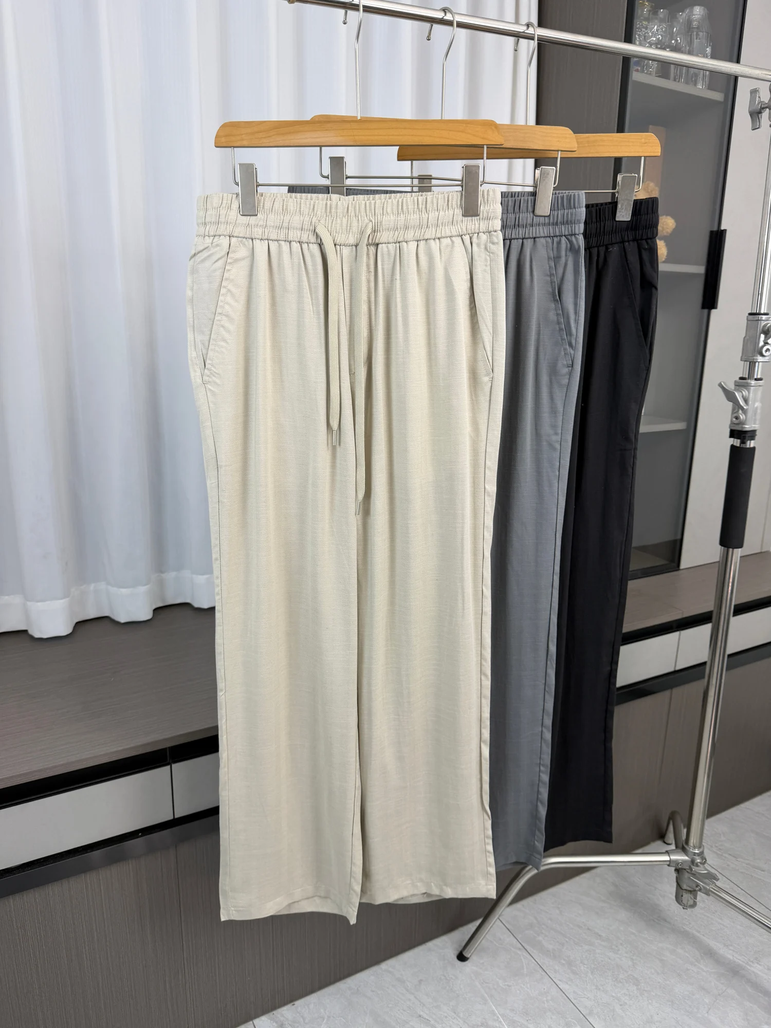 Exquisite Smooth Breathable Men's Spring Summer Elastic Waist Pure Color Versatile Thin Straight Casual Pants