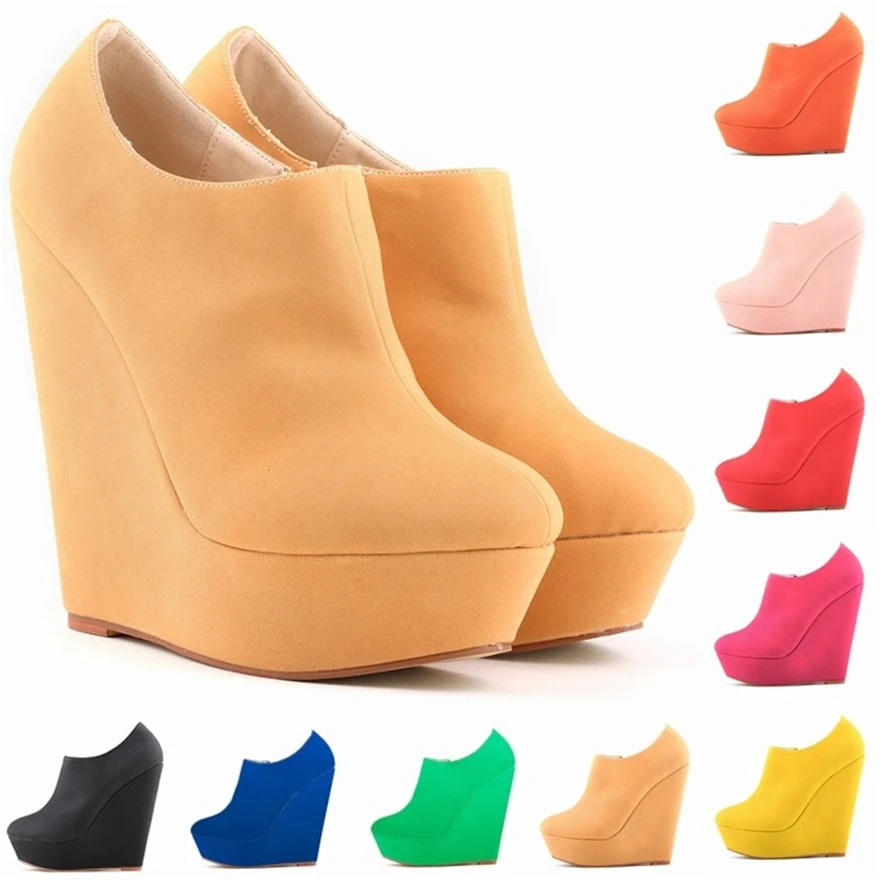 

Candy Colors Nubuck Leather Women Ankle Boots Autumn Round Toe Fashion Platform Wedges Shoes Ladies High Heels Zipper Short Boot