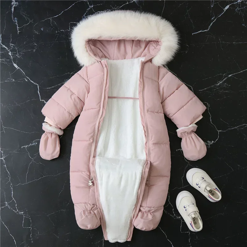 -30℃ Plus Thick Velvet Rompers Baby Padded Warm Bodysuits Clothes Winter Infant Waterproof Hooded One-Pieces Girls Boys Overalls