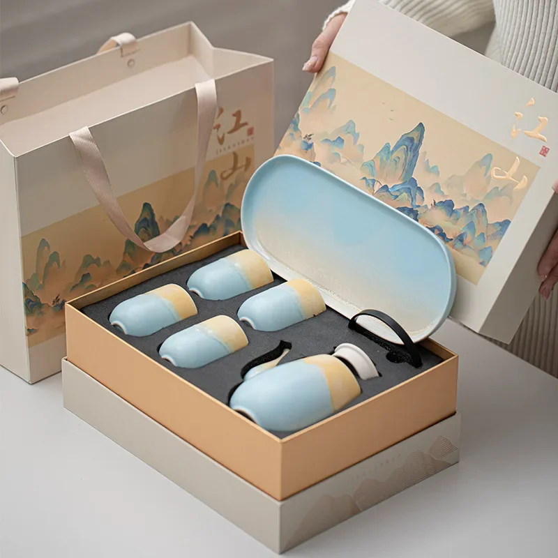 Colorful Shanhai Tea Set, One Pot and Four Cups, Household Ceramic Teapot, Business Gift, High-end Teapot, Teacup Gift Box Set