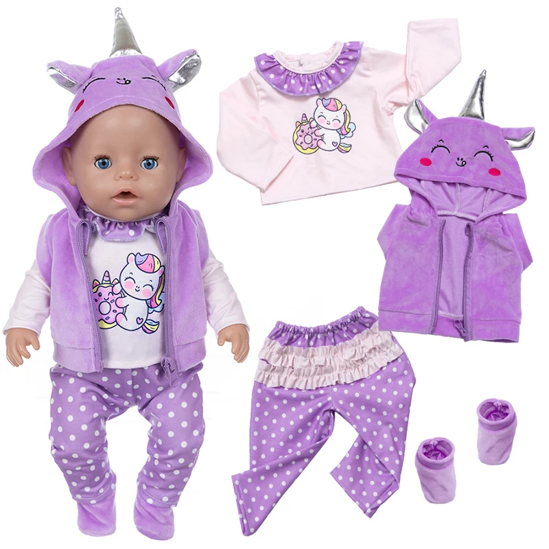 Doll Clothes 16-18Inch/40-45cm Cute Unicorn Jacket Hoodie Pants Baby Born Doll Rebirth Doll Clothes Accessory Doll Girl Gift