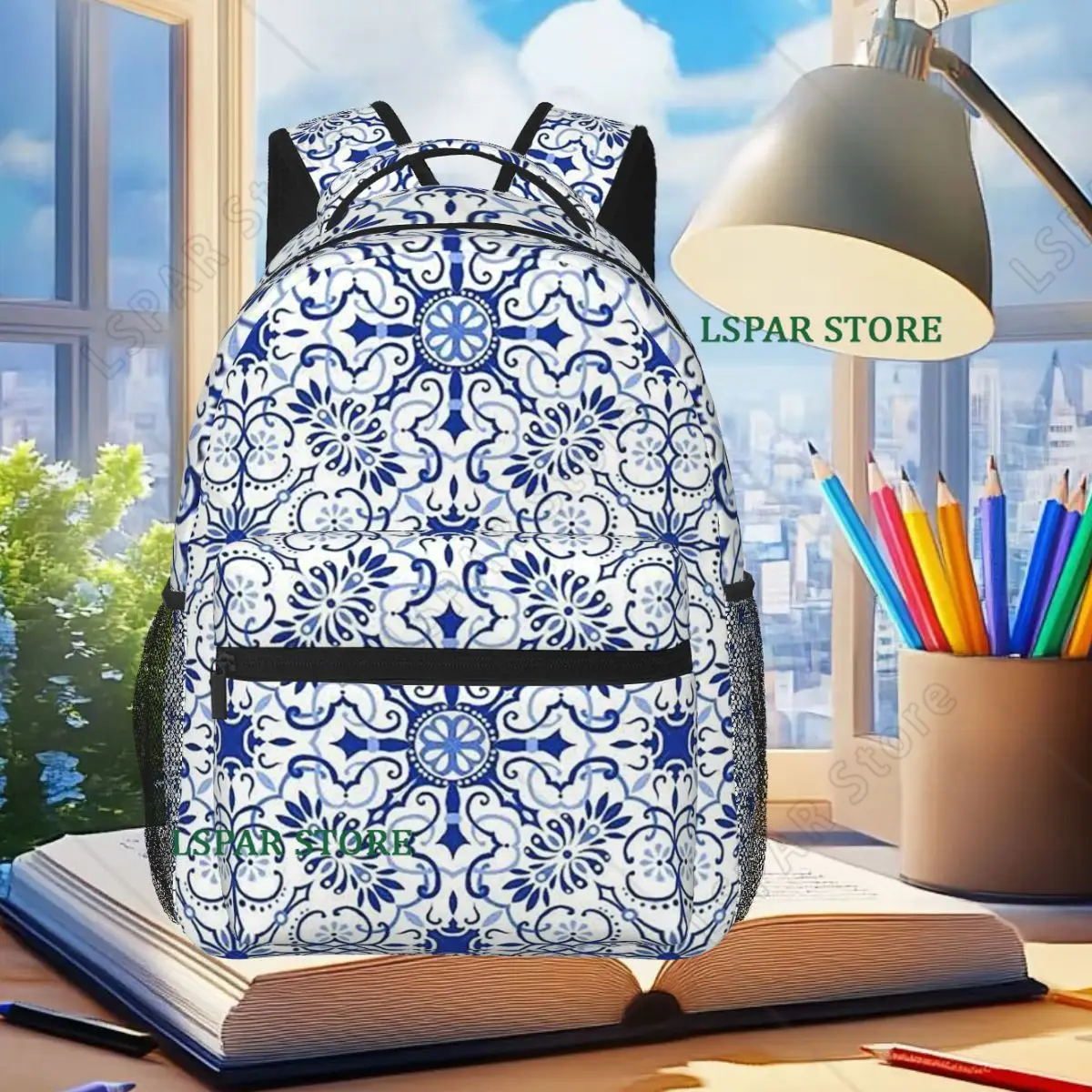 

Blue And White Floral Backpack Student Boys Girls BookBag Children School Bag Laptop Shoulder Bags for Men Women