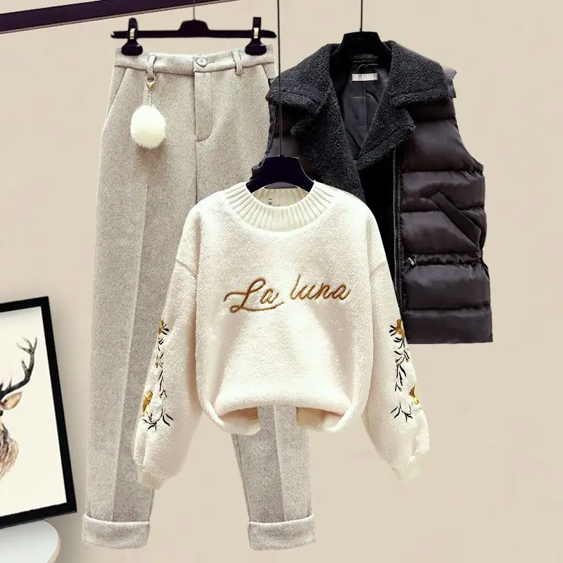 Thickened Cotton Jacket Vest Knitted Long Sleeved Sweater Pullover Woolen Pants Three Piece Elegant Women\'s Pants Set