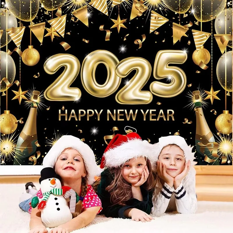 Happy New Year Backdrop 2025 Blackgold Backdrop Happy New Year 6.88 X 4.92Ft Happy New Year Decorations Wall Display