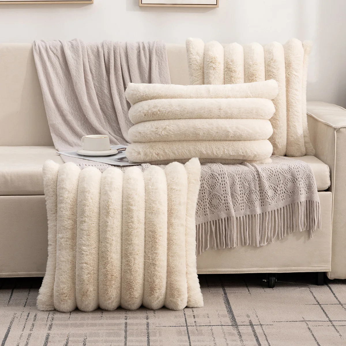 1 Pc Faux Rabbit Velvet Wide Striped Pillowcase New Nordic Solid Warm Pillow Cases for Autumn Winter Soft Cushion Cover for Home