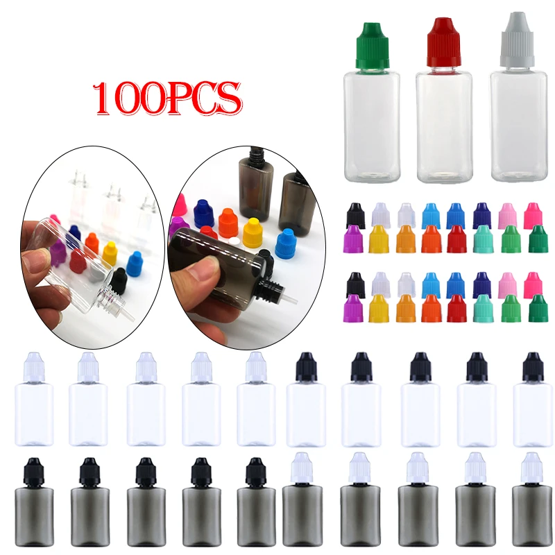 

100Pcs 30ML PET Plastic Empty Flat Dropper Bottles E Liquid Eye Clear Black Water Oils Vials Containers Long Tip Cap with Funnel