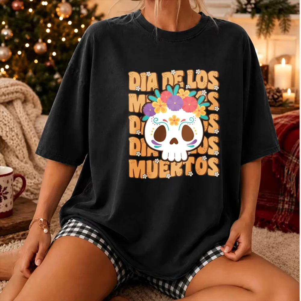Cute Dia De Los Muertos Sugar Skull Graphic T‑Shirt Retro Stacked Text Colorful Floral Calavera Mexican Folk Art Day Casual Tops