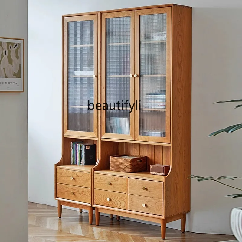 

Solid Wood Full Cherry Wood Glass Door Display Floor Standing Wall-Mounted Tall Bookshelf Storage Home Dustproof Bookshelf