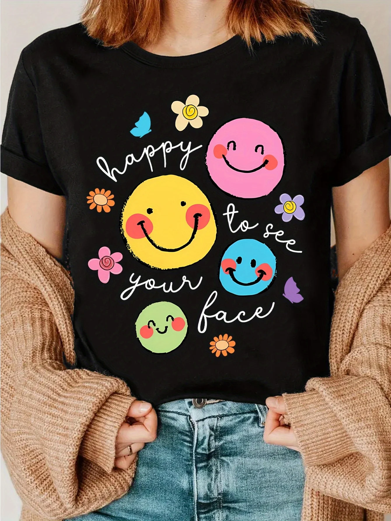 Funny Cartoon Joyful Face Printed  Happy to See Your Face Fashion T-Shirt  Teacher Appreciation Gift  Teacher's Day Gift T-Shirt