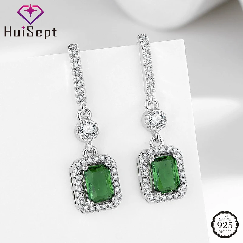 

HuiSept Classic 925 Silver Jewelry Earrings with Emerald Zircon Gemstone Ornaments for Women Wedding Party Bridal Promise Gift