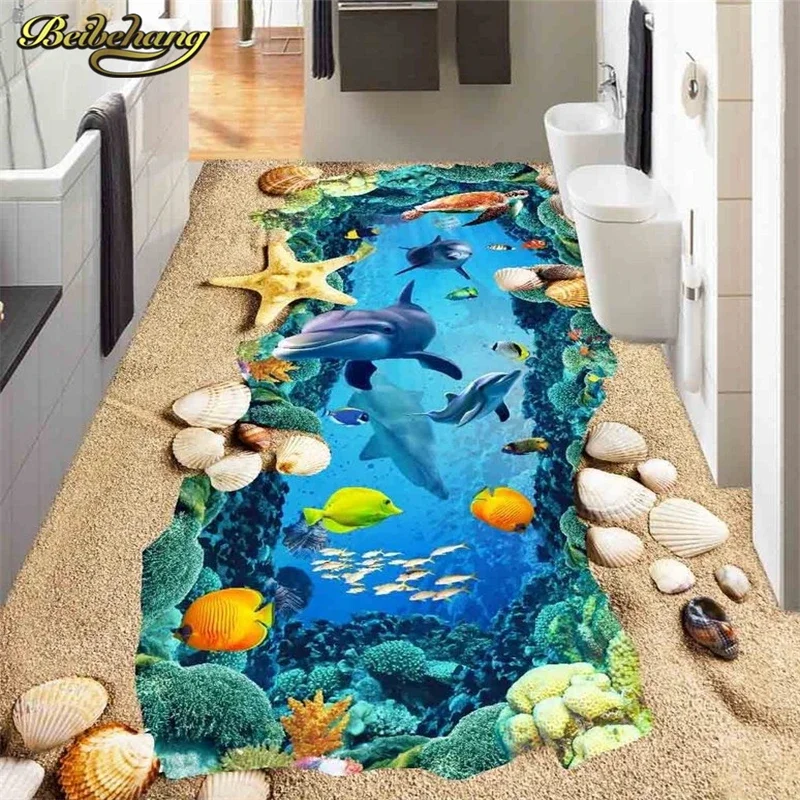 beibehang Custom Underwater World Dolphin 3D floor tiles Wall paper Painting Livingroom Bathroom Self-adhesive Wallpaper Murals