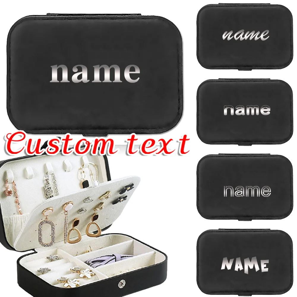 

Customized Name Leather Portable Black Jewelry Box Large Capacity Travel Necklace Earrings Double Layer Storage Jewelry Box
