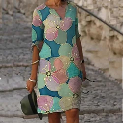 Summer Dress For Women Elegant Casual Clothes Floral Print Cheap 2023 Midi Vintage Half Sleeve Vestidos de Mujer V-neck Dresses