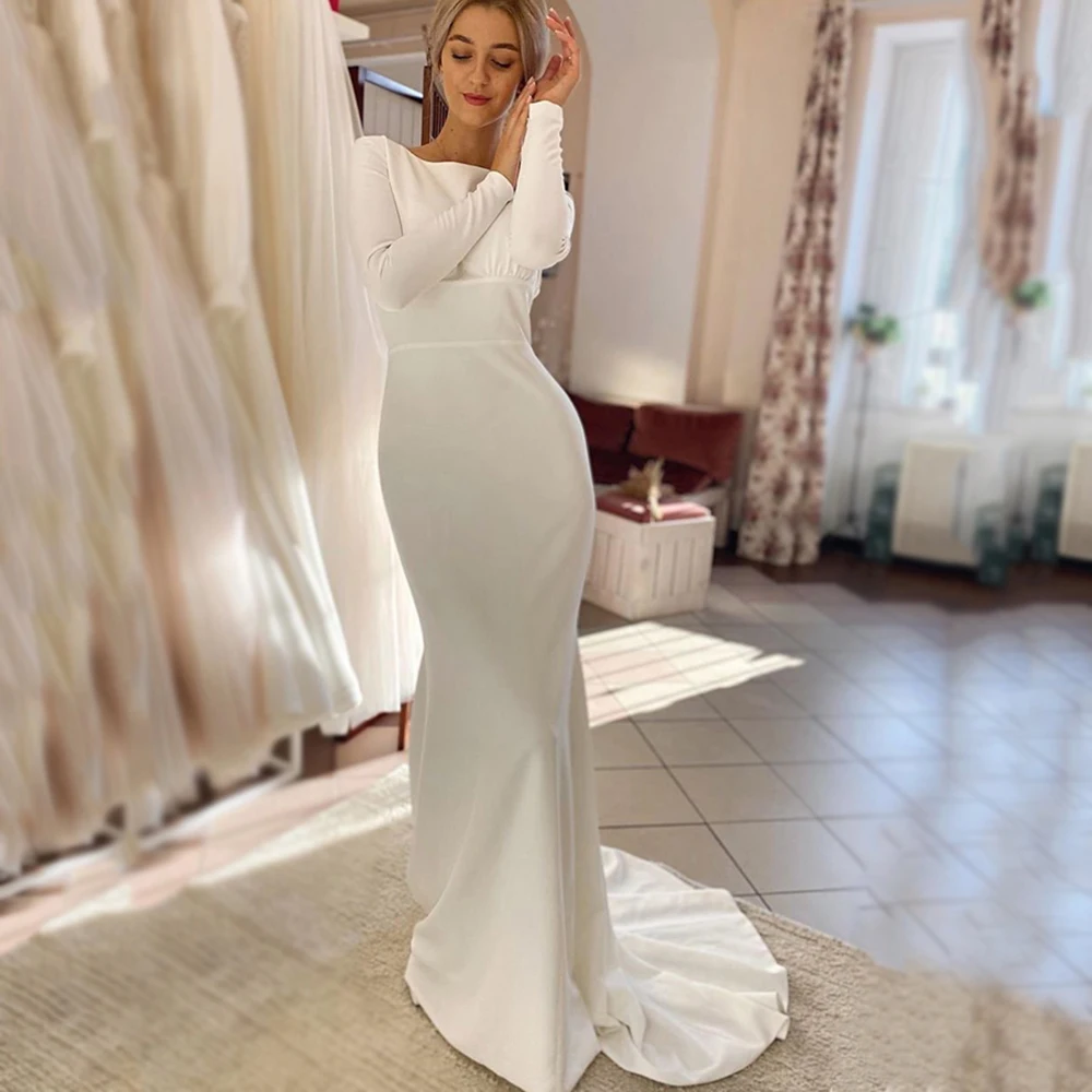 

Vintage Long Sleeve Wedding Dresses Boat Neck Backless Mermaid Bridal Gown Simple Elegant Formal Wedding Dress Customized