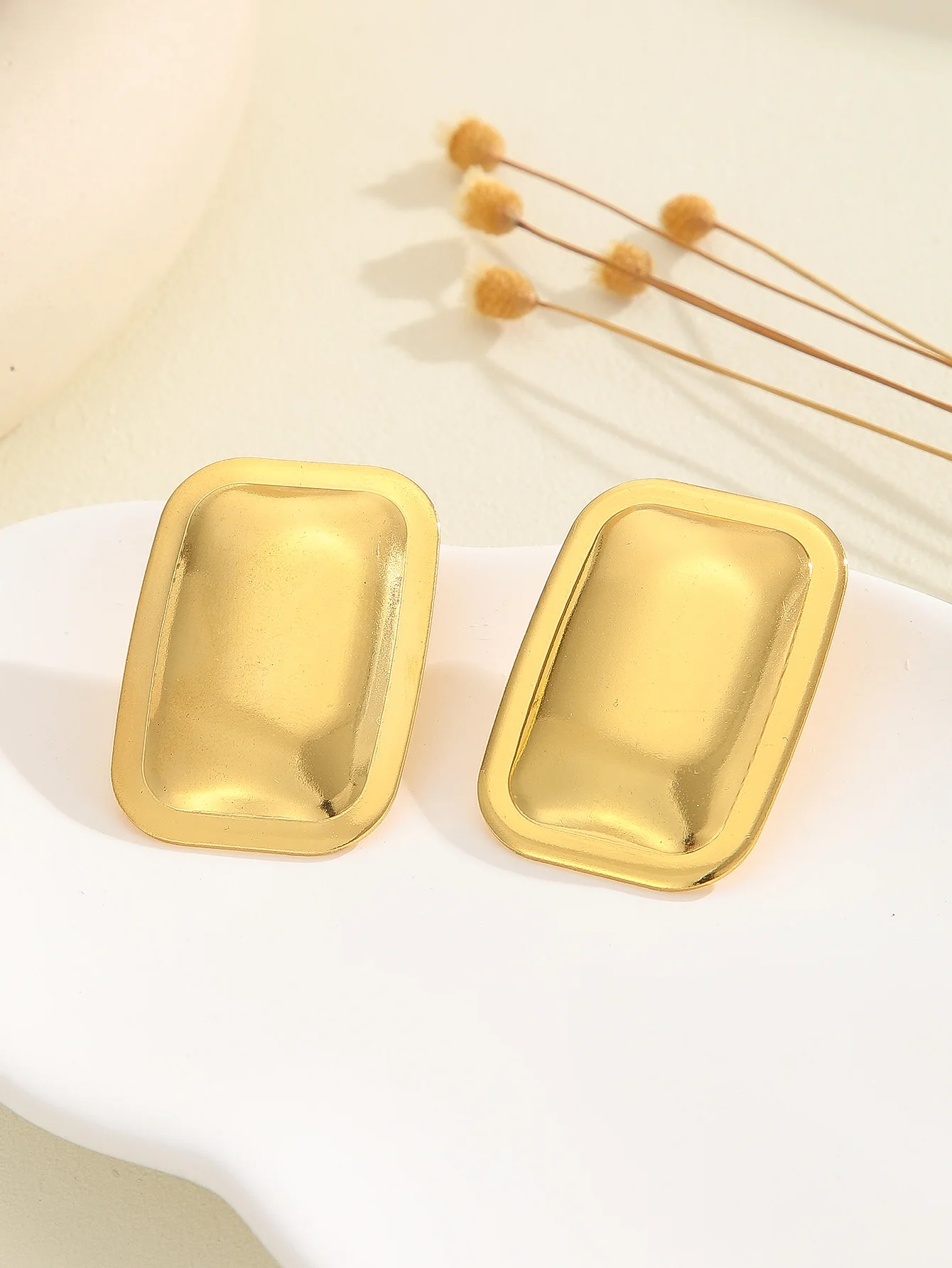 Stainless Steel Chunky Rectangle Brush Texture Stud Earrings Women Vintage Punk Gold Metal Stud Earrings Women Piercing Earrings