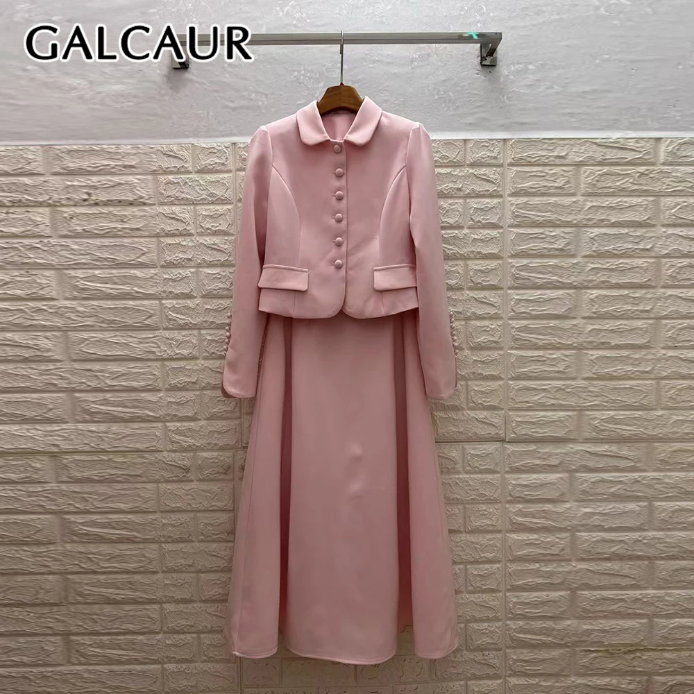

GALCAUR Solid Spliced Buttons Two Piece Set Female Lapel Long Sleeve Jacket High Waist Elegant Women's Skirt Sets Fashion Style