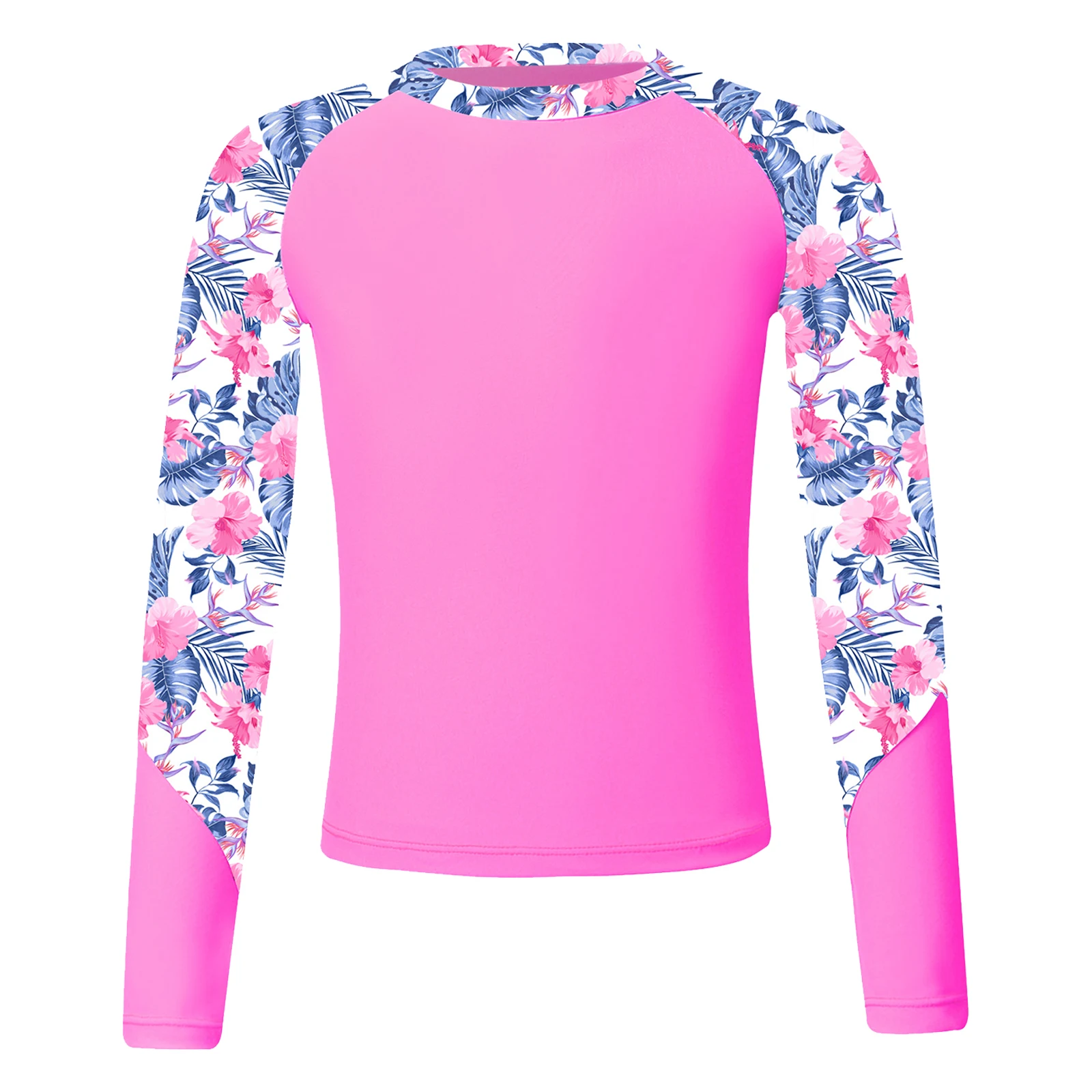 Teen Girls Long Sleeve Print Swim Top Swimwear Sun Protection Rash Guard Swimsuit Beach Sunbathing Pool Water Sport Bathing Suit